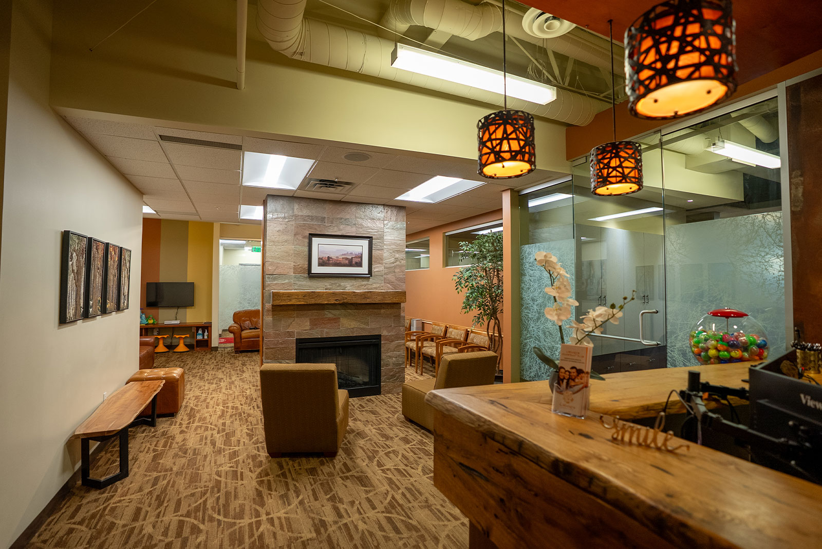 lobby lights fireplace